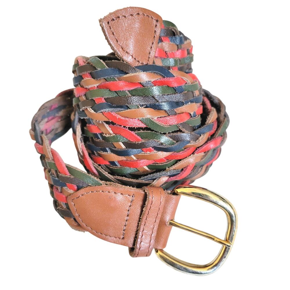 Womens L/XL* Genuine Leather Braided Belt Multicolor Brown Boho Brass Buckle